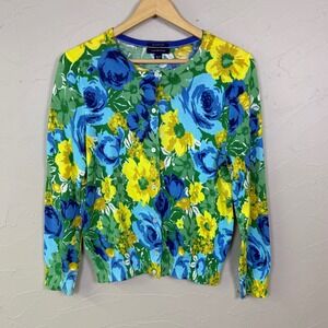 Lands End Colorful Floral Cardigan Sweater Womens MP Blue Supima Cotton Preppy